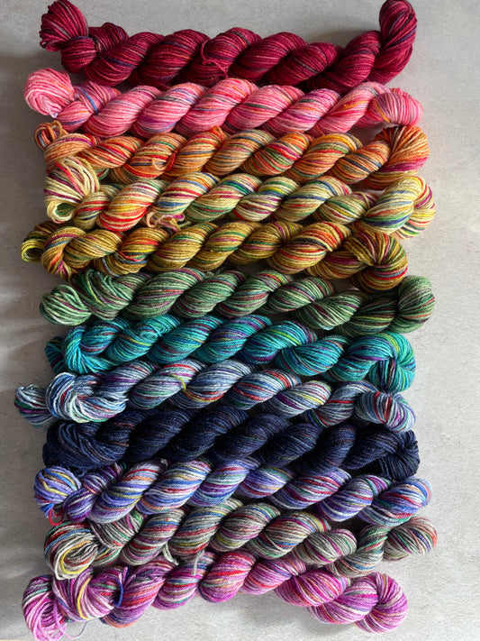Deep rainbow sock yarn bundle with 12 mini skeins