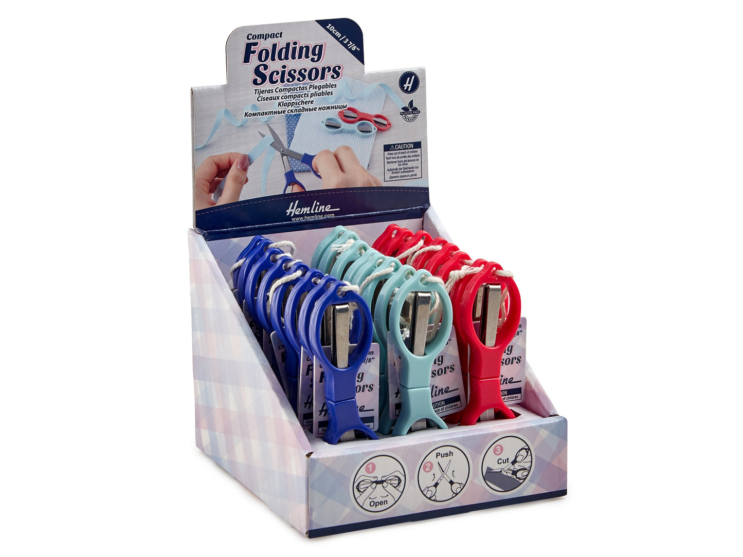 Display box of folding scissors with instructions on how to unfold them