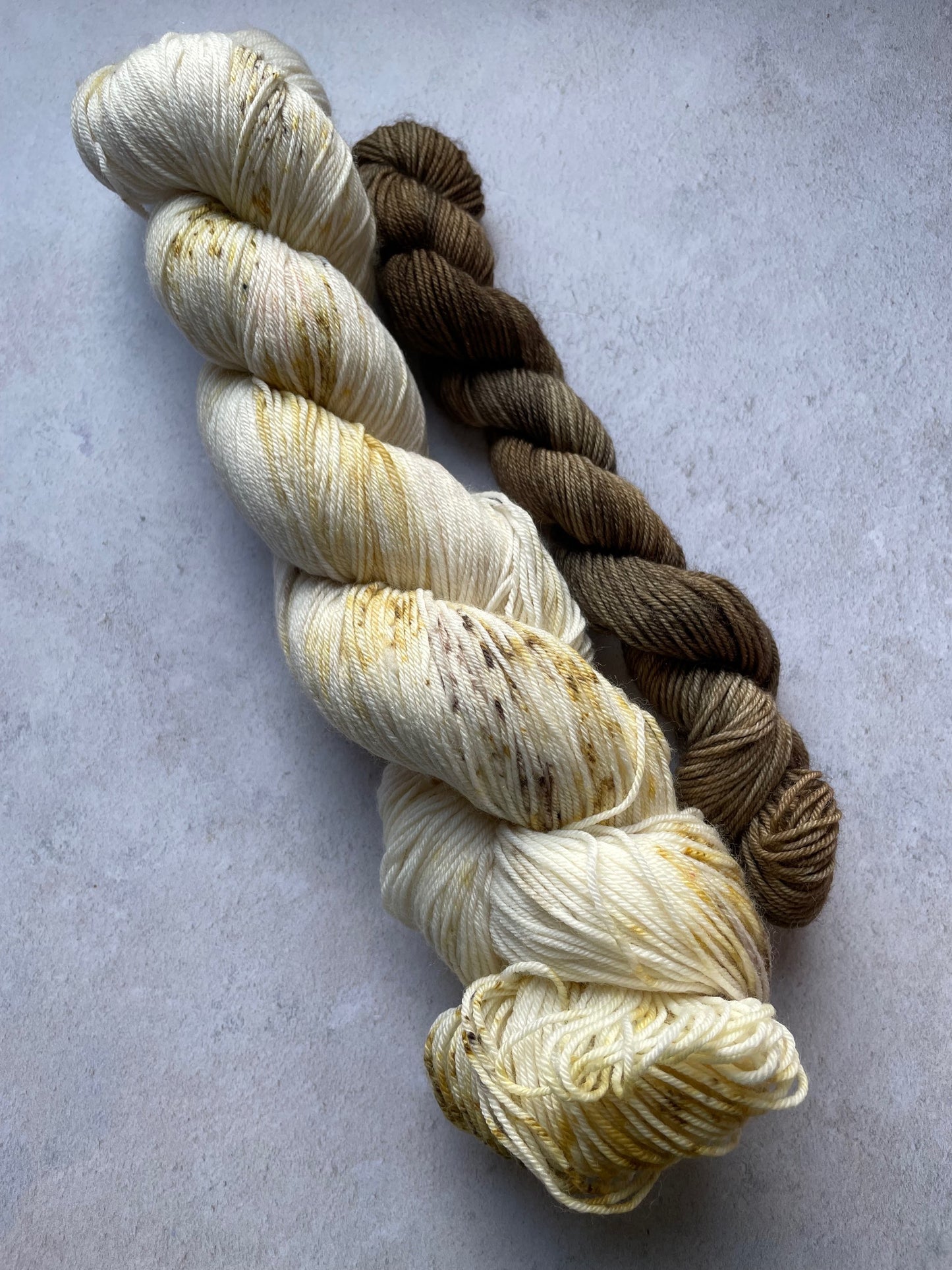 120g sock set with lightly speckled main skein and brown mini skein