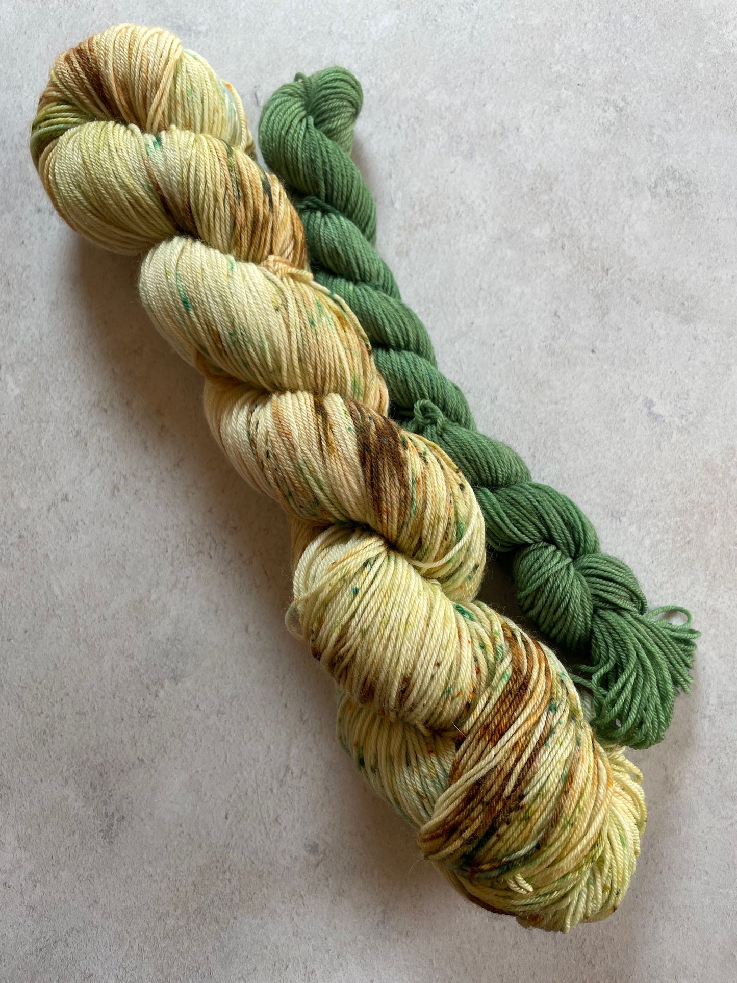 120g sock set with brown and green speckled main skein and green mini skein