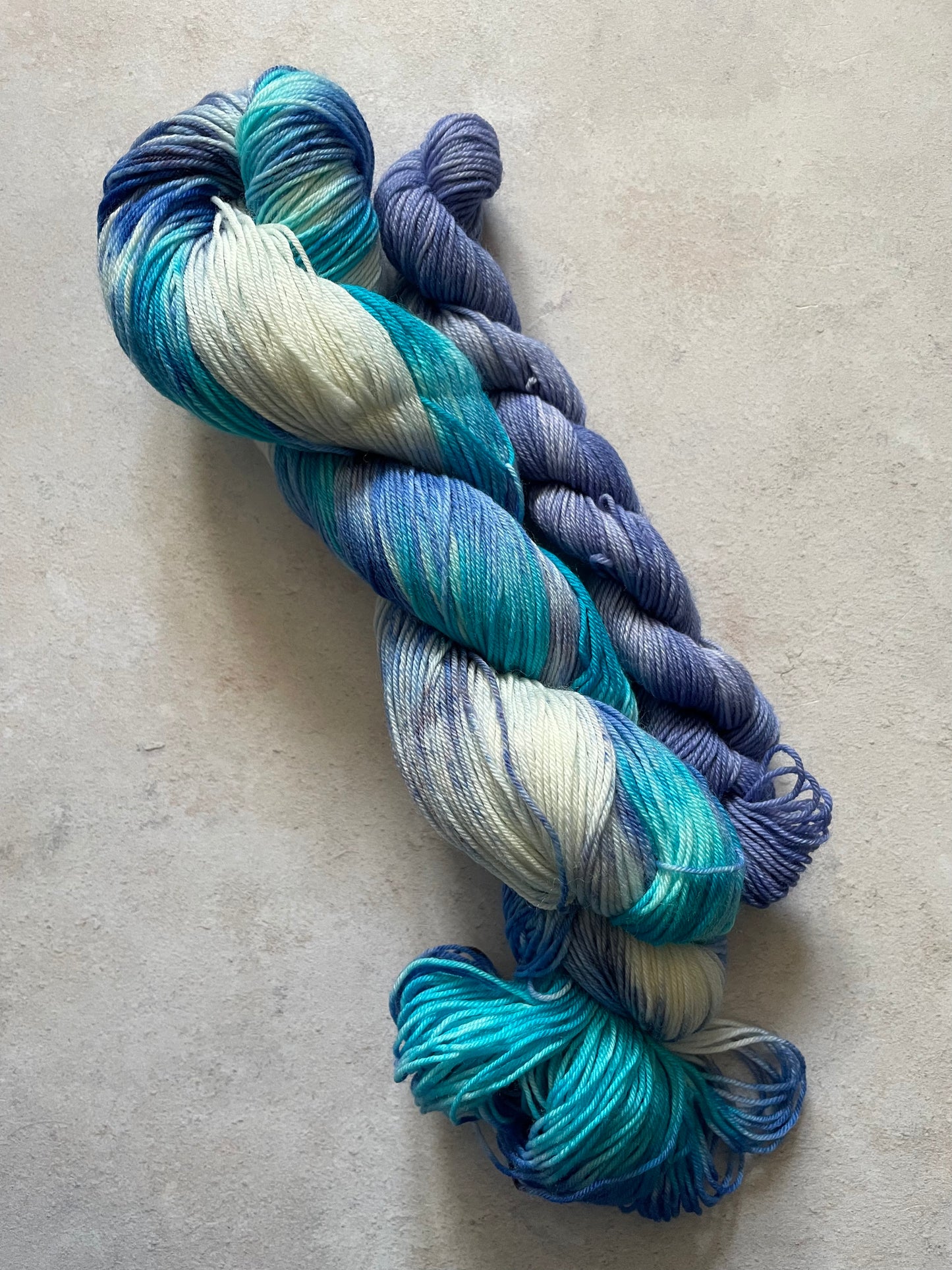 120g sock set with cream turquoise and violet main skein and violet mini skein