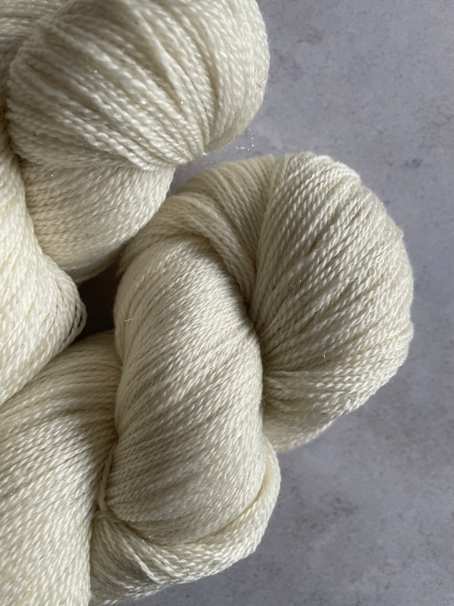 Close up of silver sparkle lace yarn