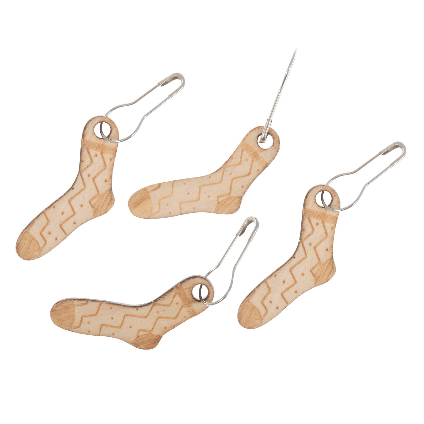 Four wooden sock shaped stitch markers with bulb pins attached