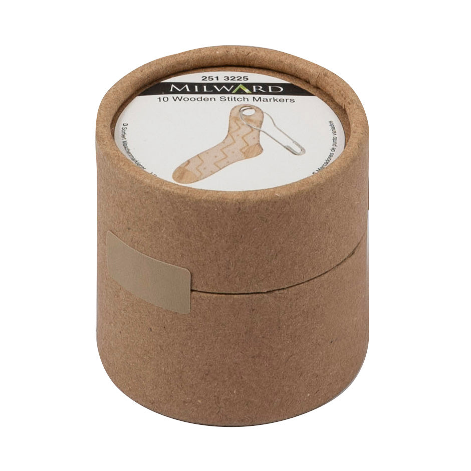 Cardboard tub with wooden sock stitch marker on it