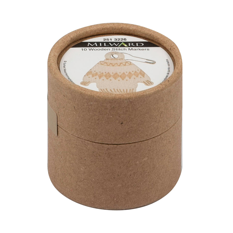 Cardboard tub with picture of wooden jumper stitch marker on it