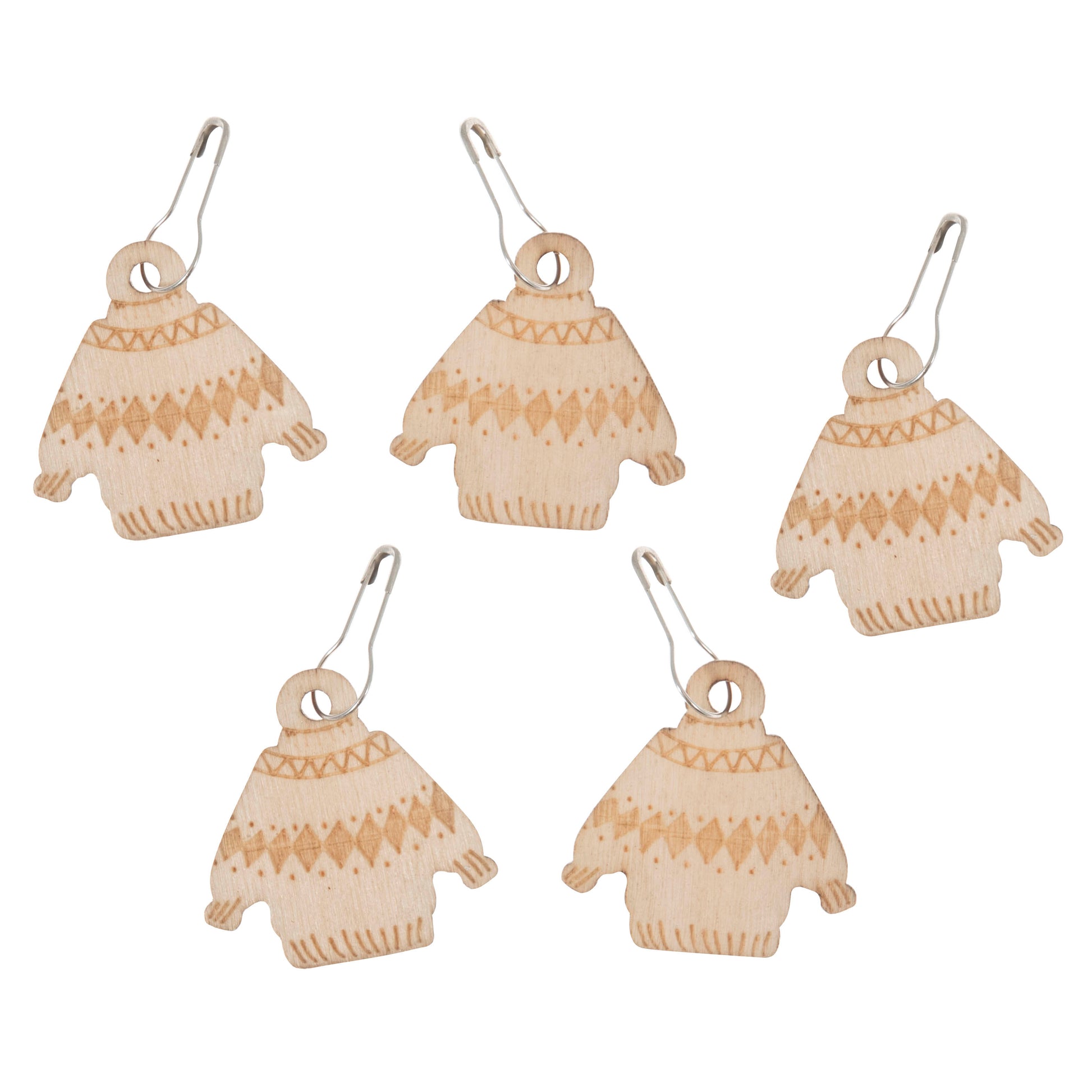 5 wooden stitch markers shaped like jumpers with bulb pins attached